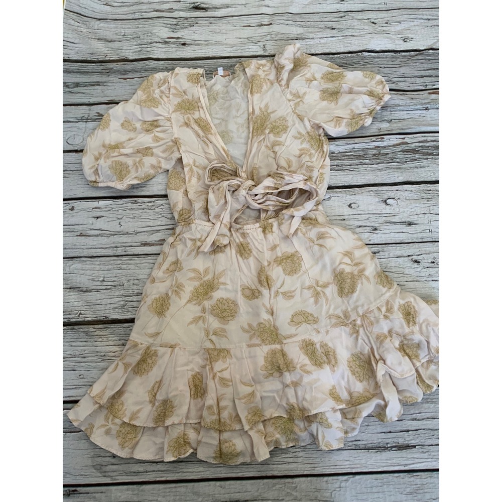 Olivaceous Floral Mini Dress XS Cream Sage Green Puff Sleeve Tie Front Ruffle